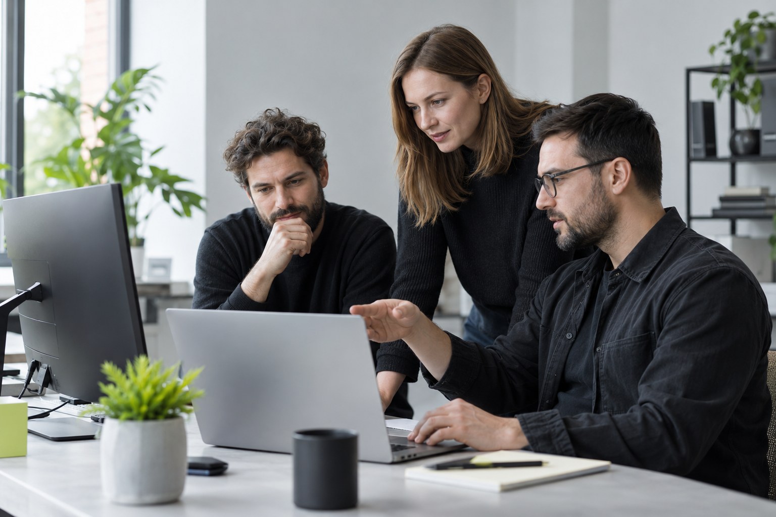 Иллюстрация совместной работы команды разработчиков за ноутбуком